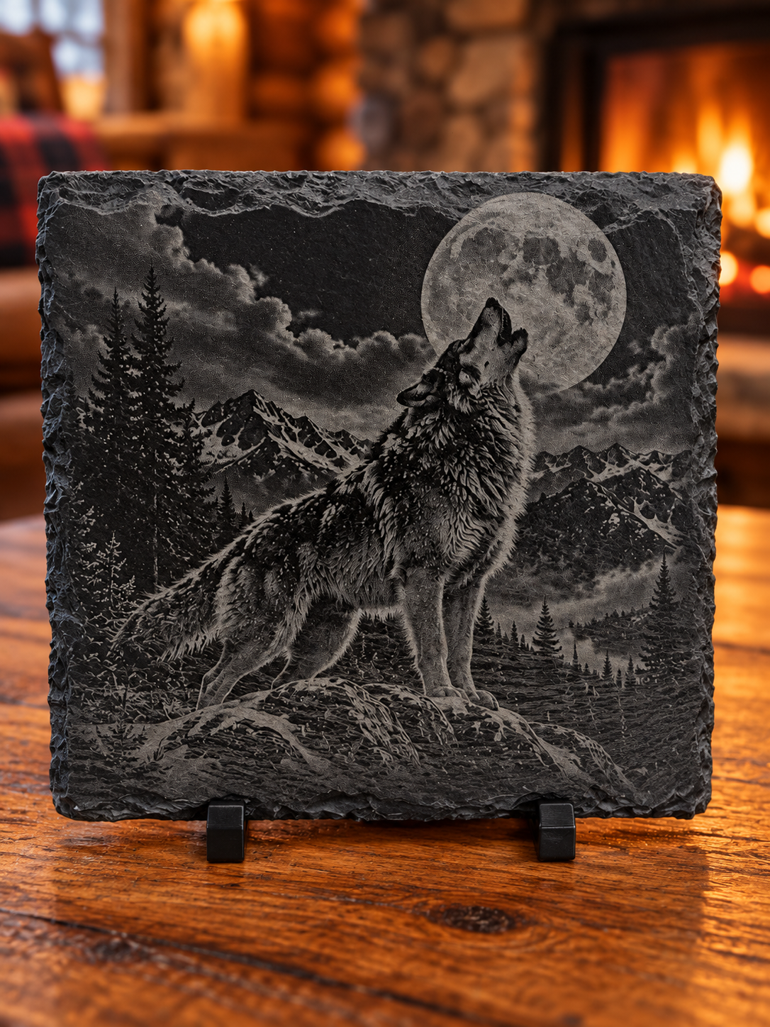 Engraved Wolf Slate Coaster Set – 4 Piece Wildlife Collection