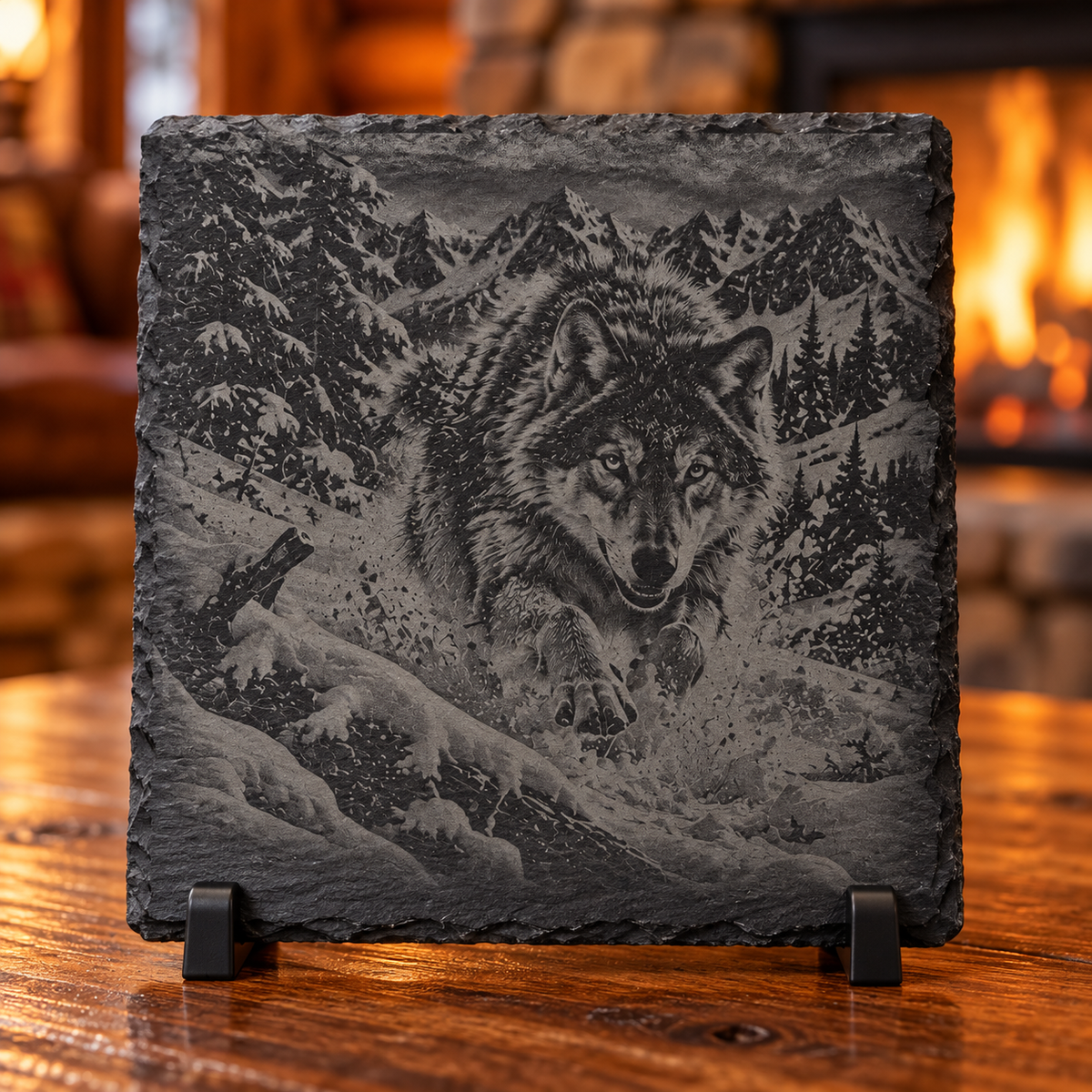 Engraved Wolf Slate Coaster Set – 4 Piece Wildlife Collection