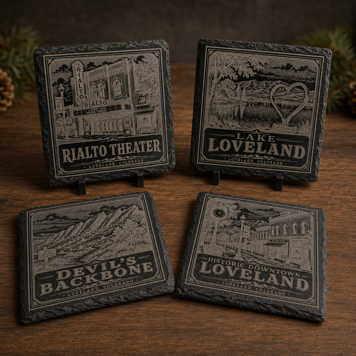 Loveland, Colorado Landmark Slate Coaster Set