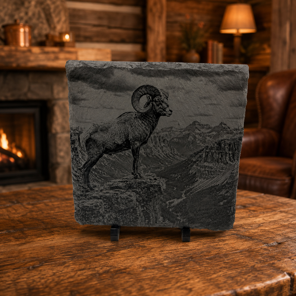 Engraved Bighorn Sheep Slate Coaster Set – 4 Piece Wildlife Collection