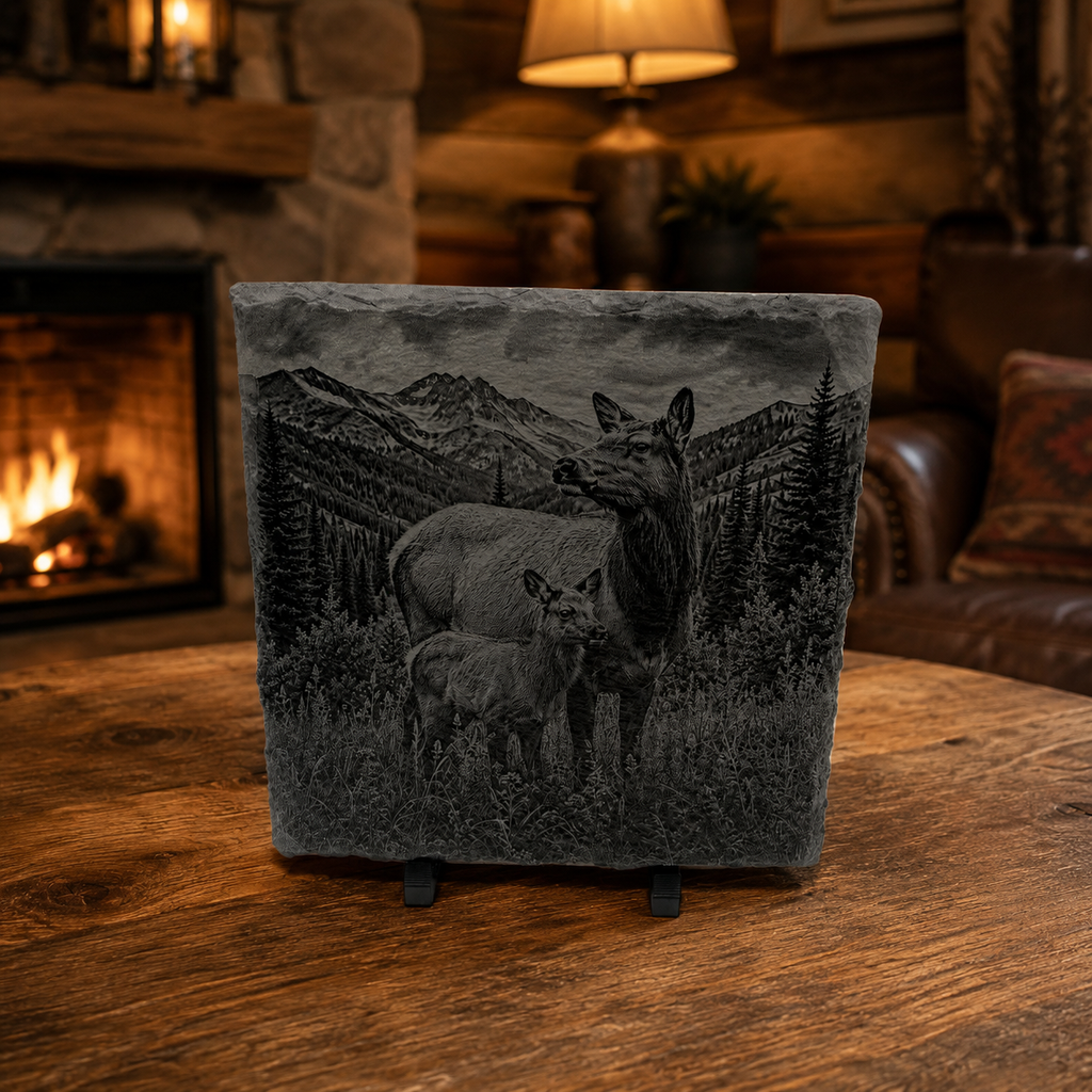 Engraved Elk Slate Coaster Set – 4 Piece Wildlife Collection