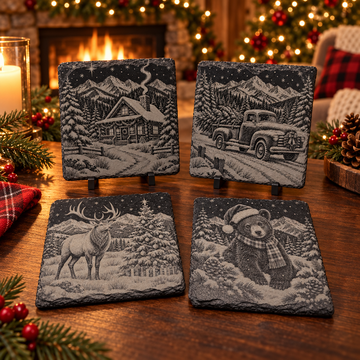 Mountain Christmas Slate Coaster Set – 4 Piece Holiday Collection