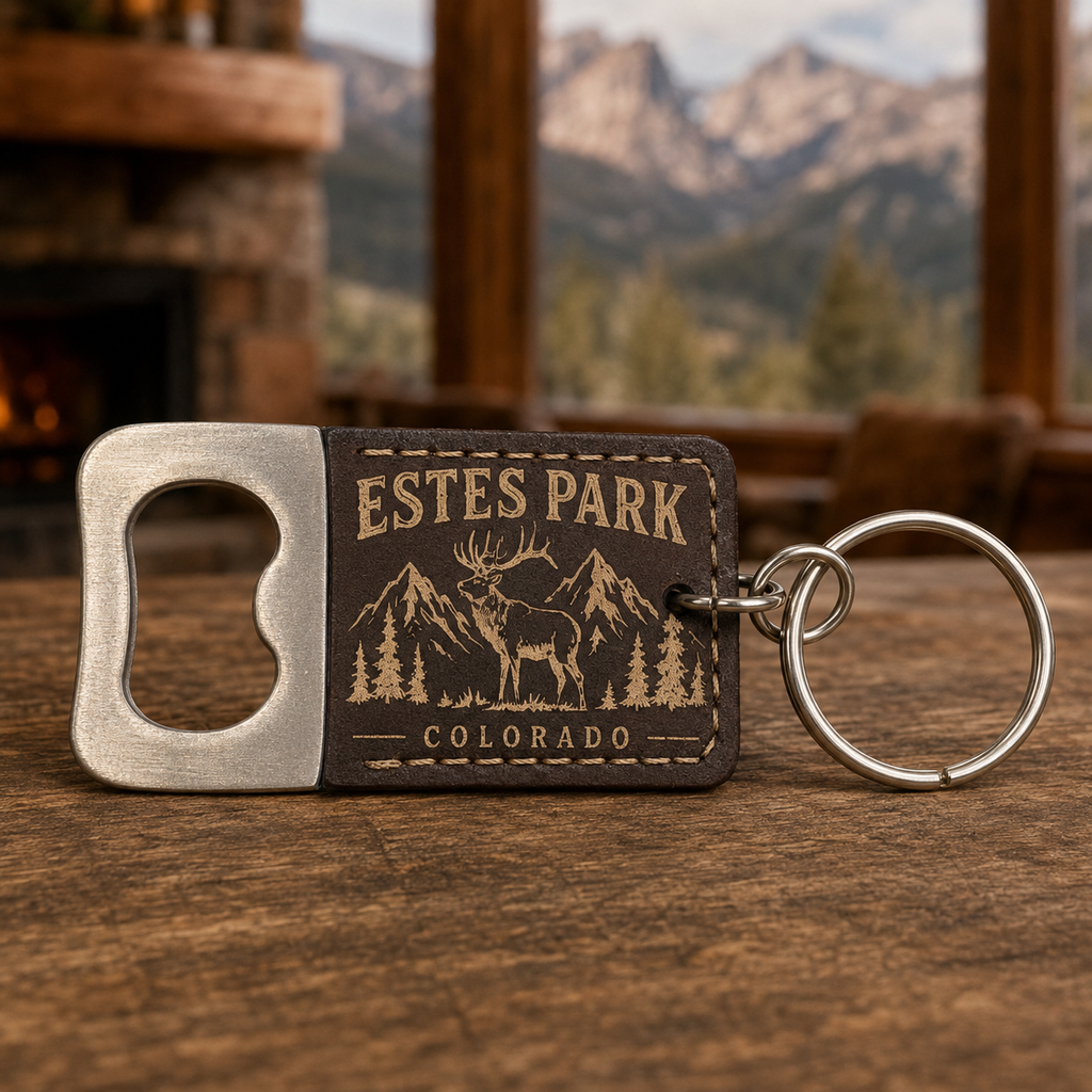 Estes Park Colorado Bottle Opener Keychain – Double-Sided Engraved Leatherette