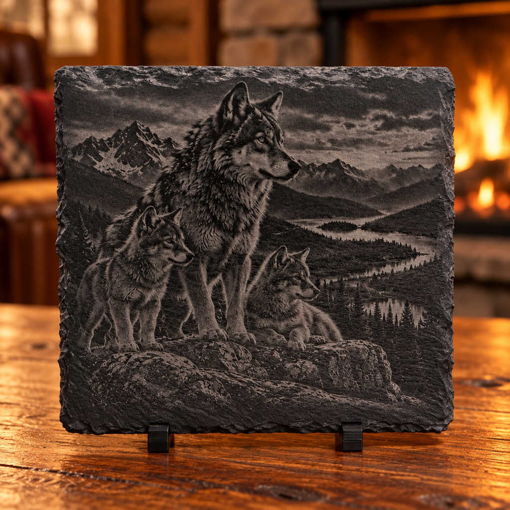 Engraved Wolf Slate Coaster Set – 4 Piece Wildlife Collection