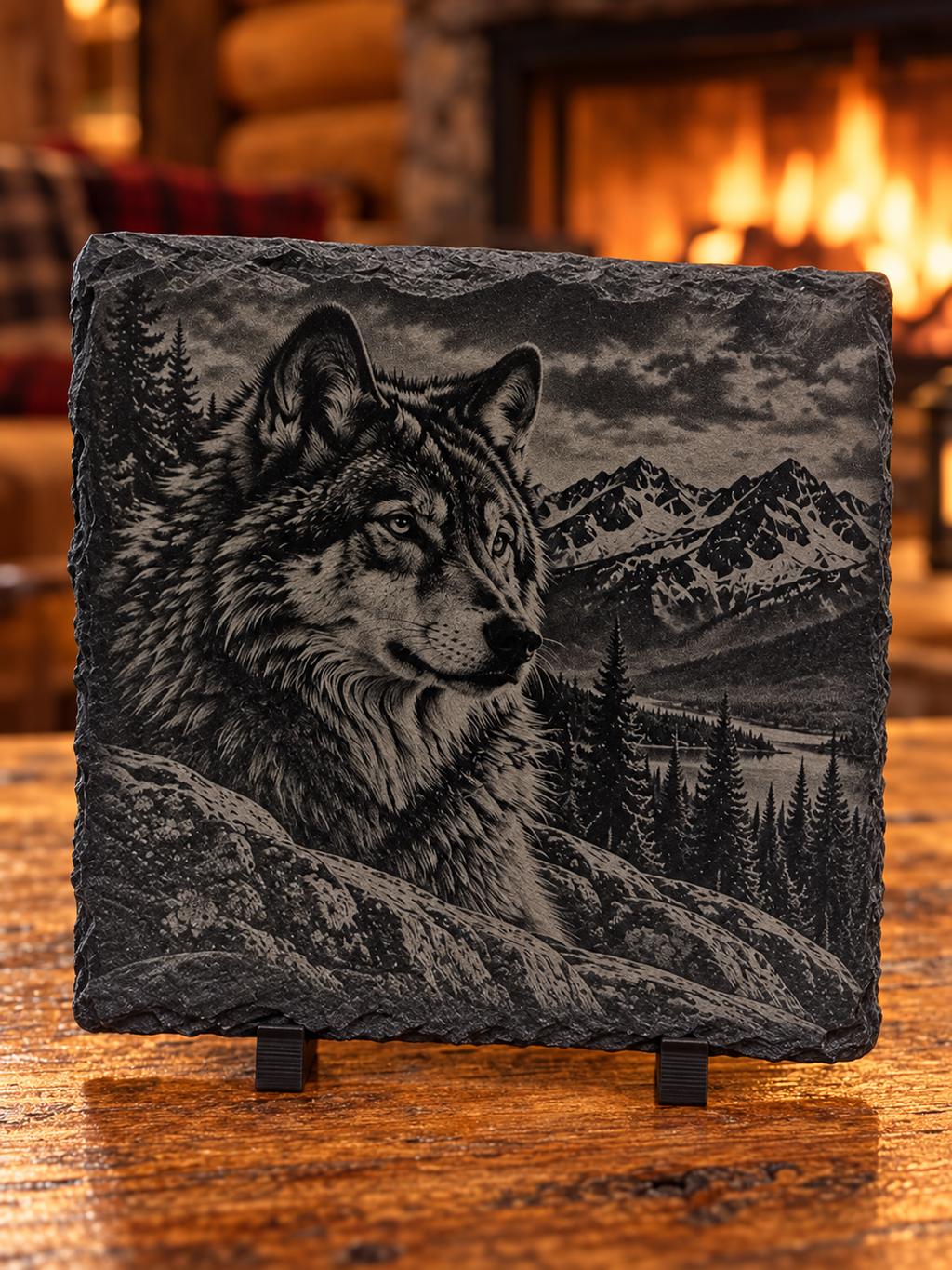 Engraved Wolf Slate Coaster Set – 4 Piece Wildlife Collection