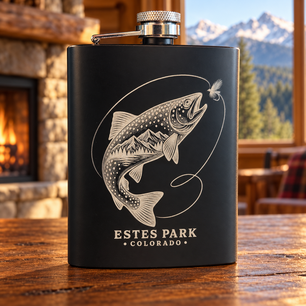 Estes Park Trout & Fly Engraved Flask – 8 oz