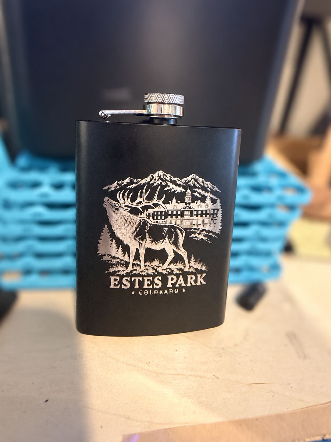 Estes Park Elk & Stanley Hotel Engraved Flask – 8 oz