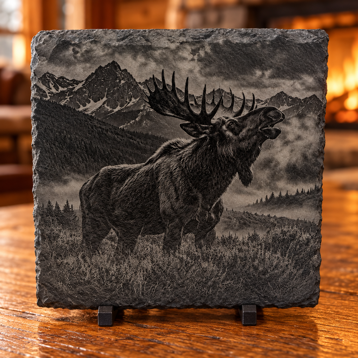 Engraved Moose Slate Coaster Set – 4 Piece Mountain Wildlife Collection