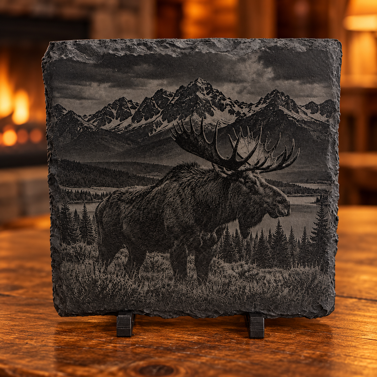 Engraved Moose Slate Coaster Set – 4 Piece Mountain Wildlife Collection