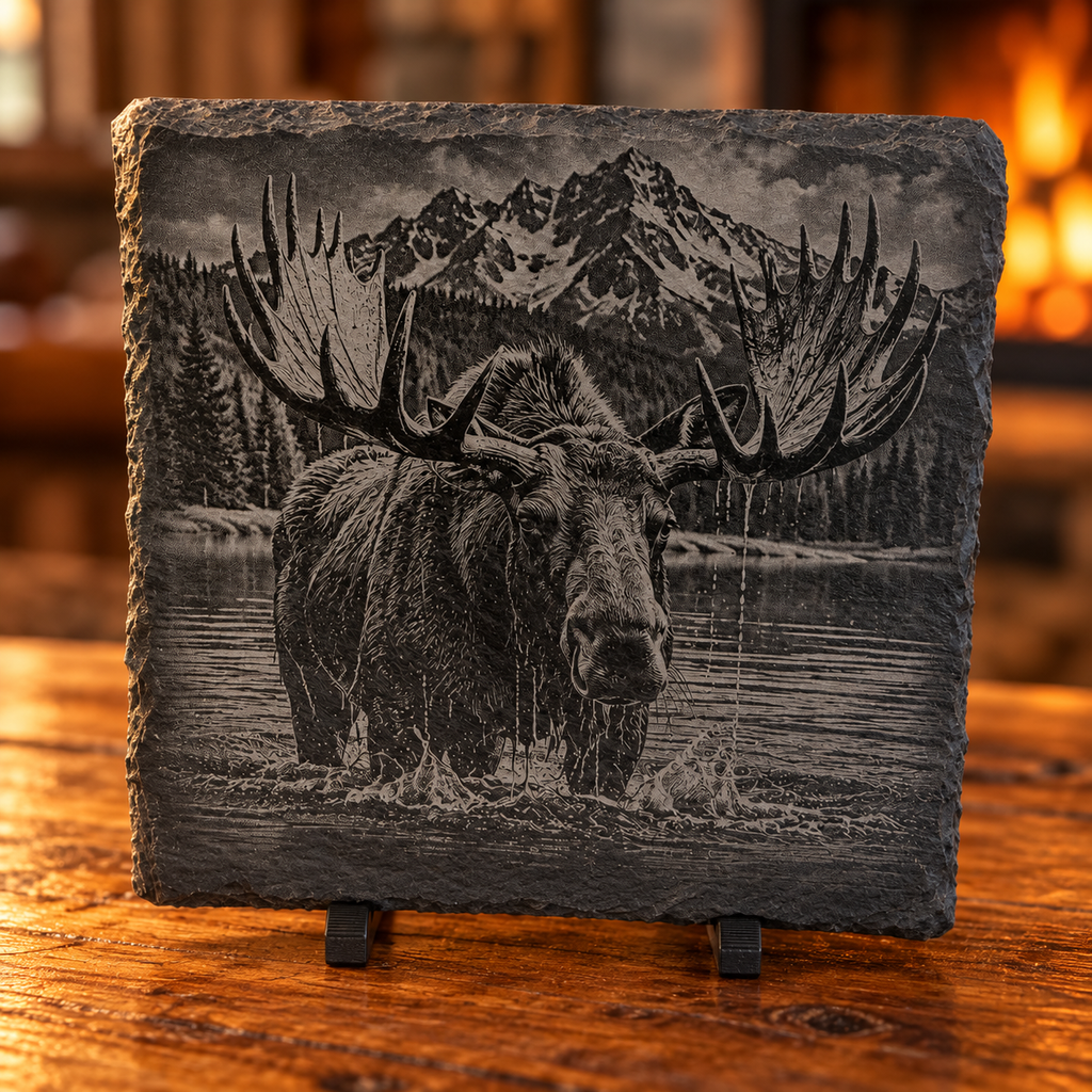 Engraved Moose Slate Coaster Set – 4 Piece Mountain Wildlife Collection
