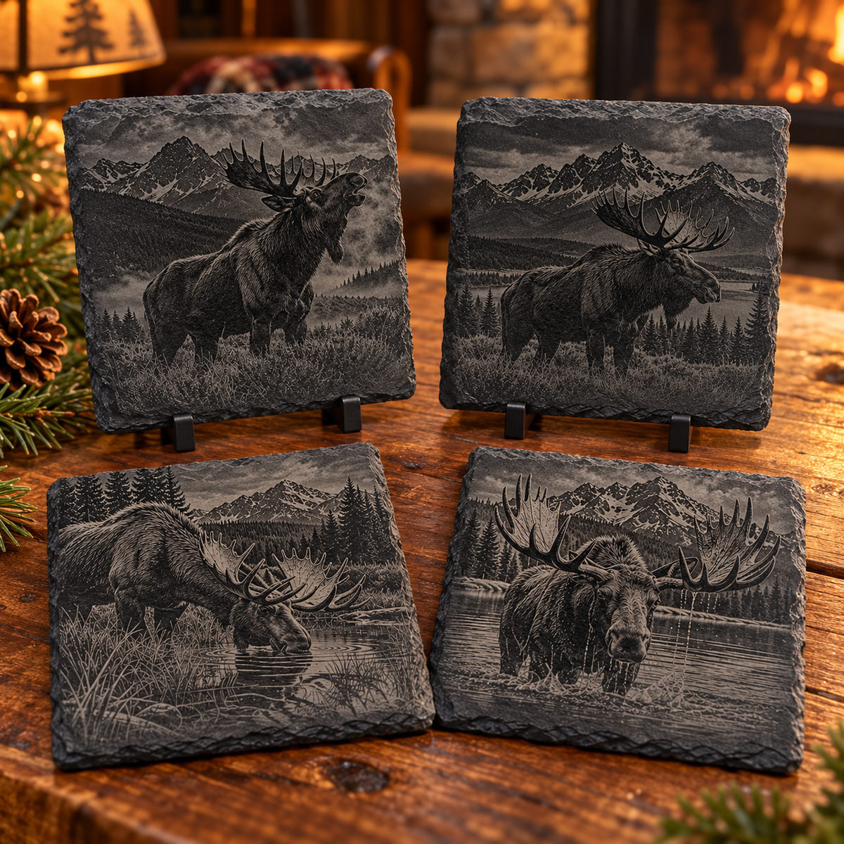 Engraved Moose Slate Coaster Set – 4 Piece Mountain Wildlife Collection