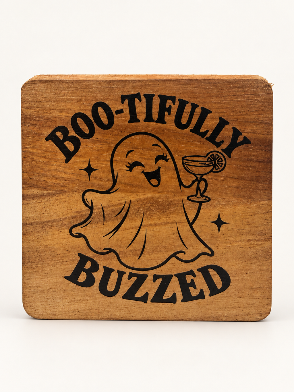 Actual Boo-tifully Buzzed engraved wood coaster on a clean background