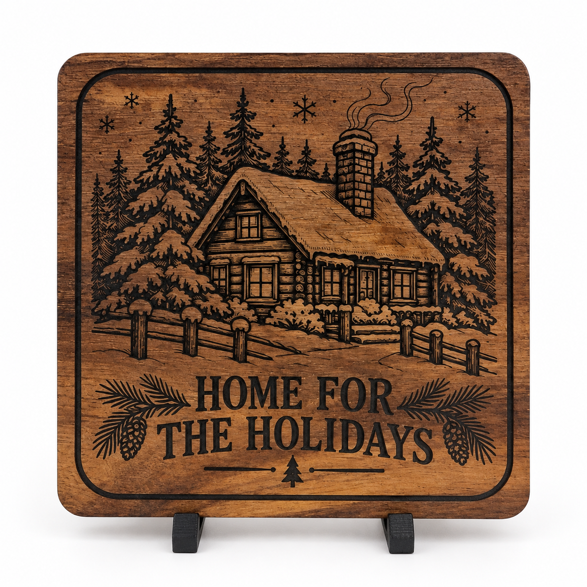 Cabin HOME FOR THE HOLIDAYS engraved square acacia coaster