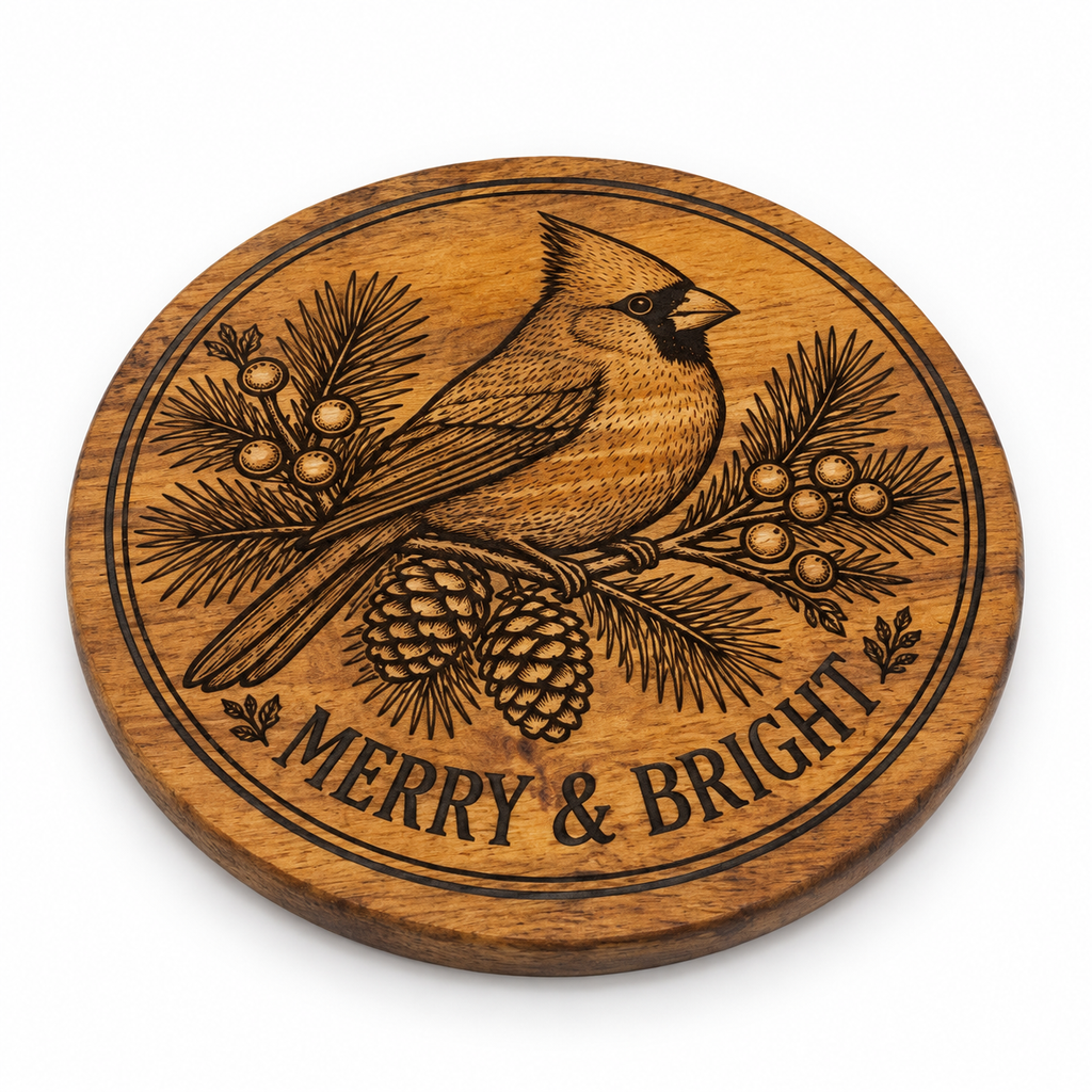 Cardinal MERRY & BRIGHT engraved round acacia coaster