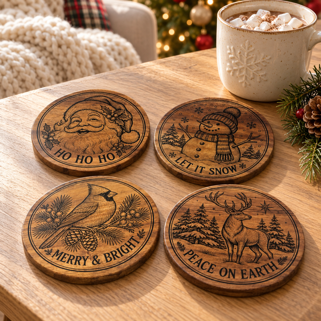 Round Christmas acacia coaster set styled on a holiday coffee table