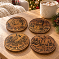 Round Christmas acacia coaster set styled on a holiday coffee table