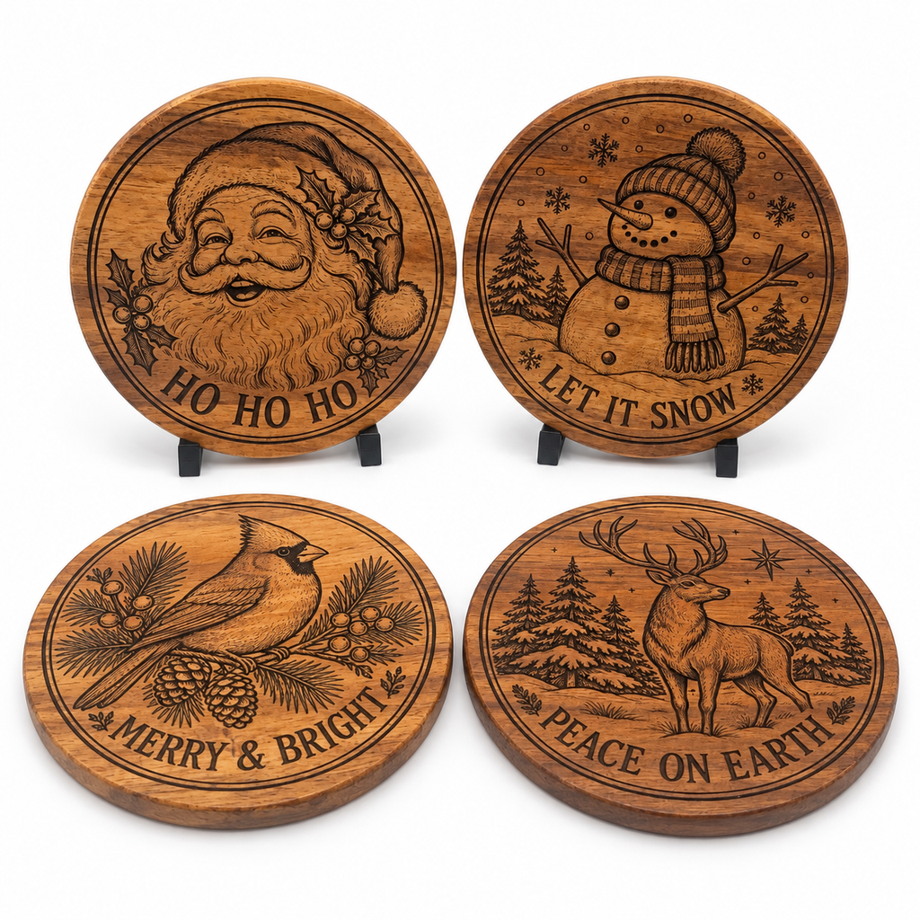 Four round Christmas acacia wood coasters with Santa, snowman, cardinal and deer designs on white
