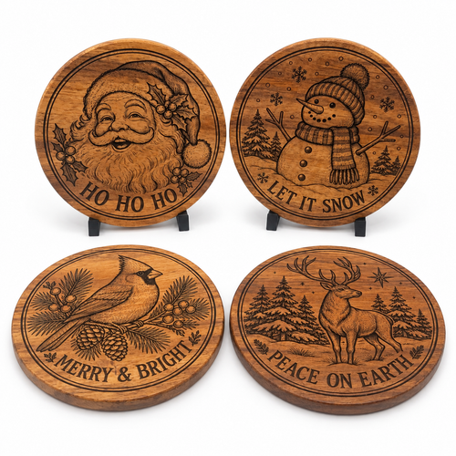Four round Christmas acacia wood coasters with Santa, snowman, cardinal and deer designs on white