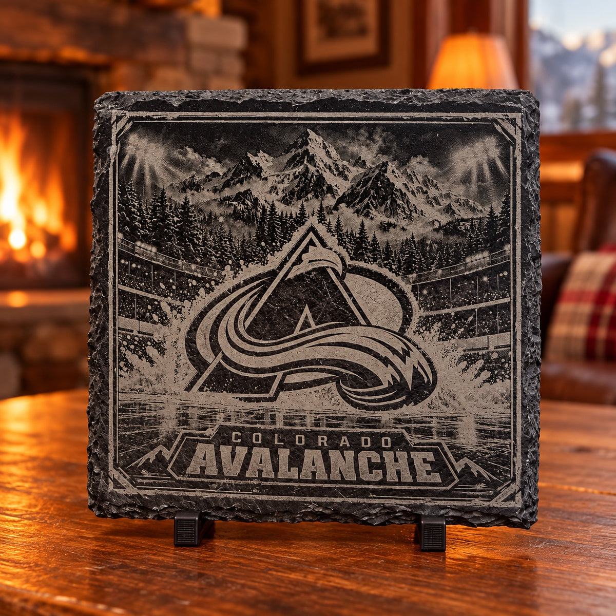 Slate coaster with Colorado Avalanche mountain logo design