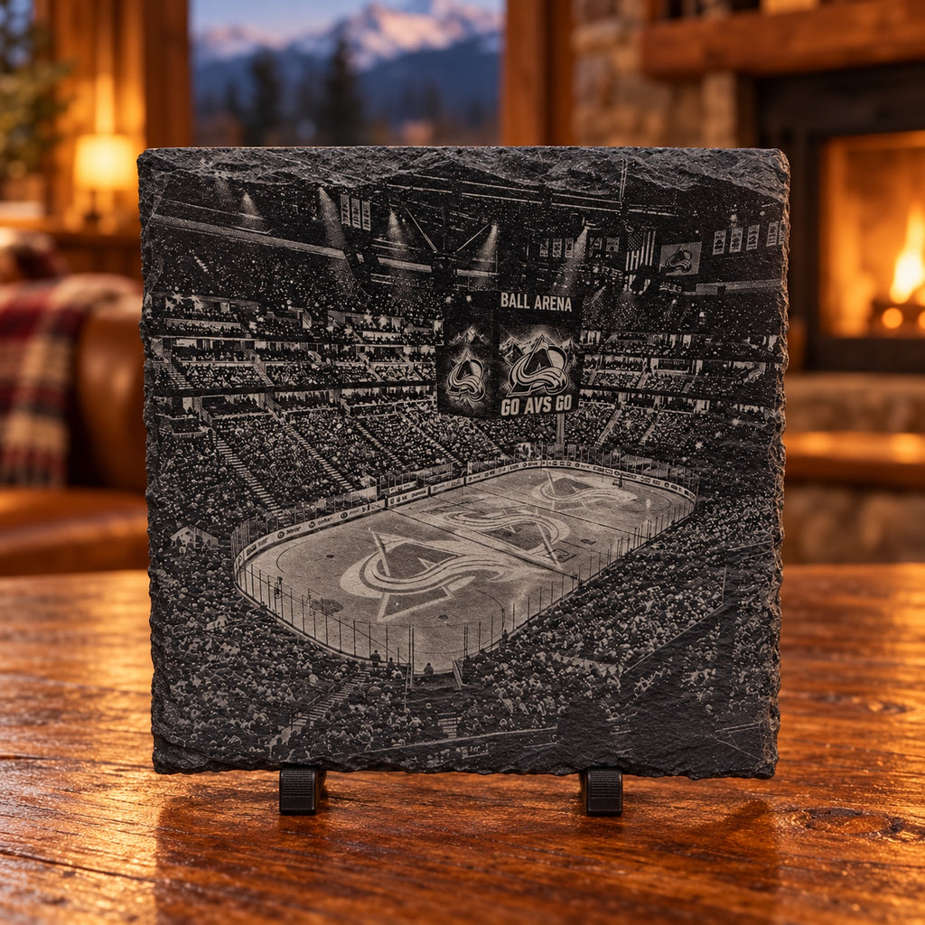 Slate coaster with Ball Arena hockey rink illustration