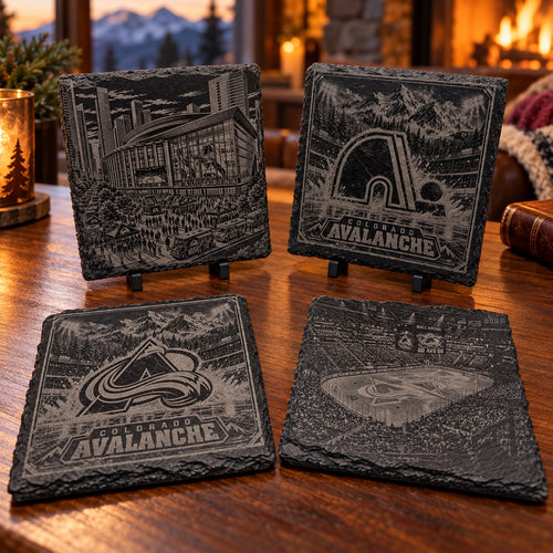 Set of four Colorado Avalanche themed slate coasters