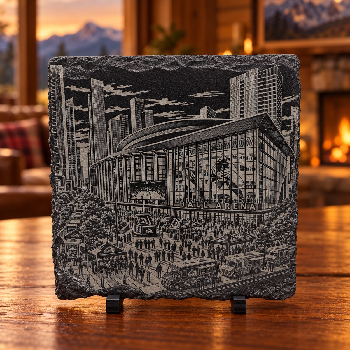 Slate coaster with arena exterior illustration
