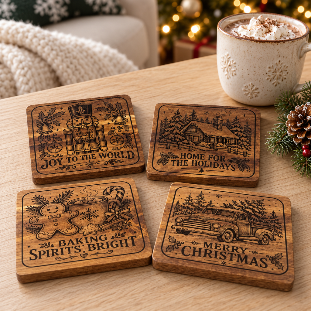 Square Christmas acacia coaster set styled on a holiday coffee table