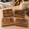 Square Christmas acacia coaster set styled on a holiday coffee table