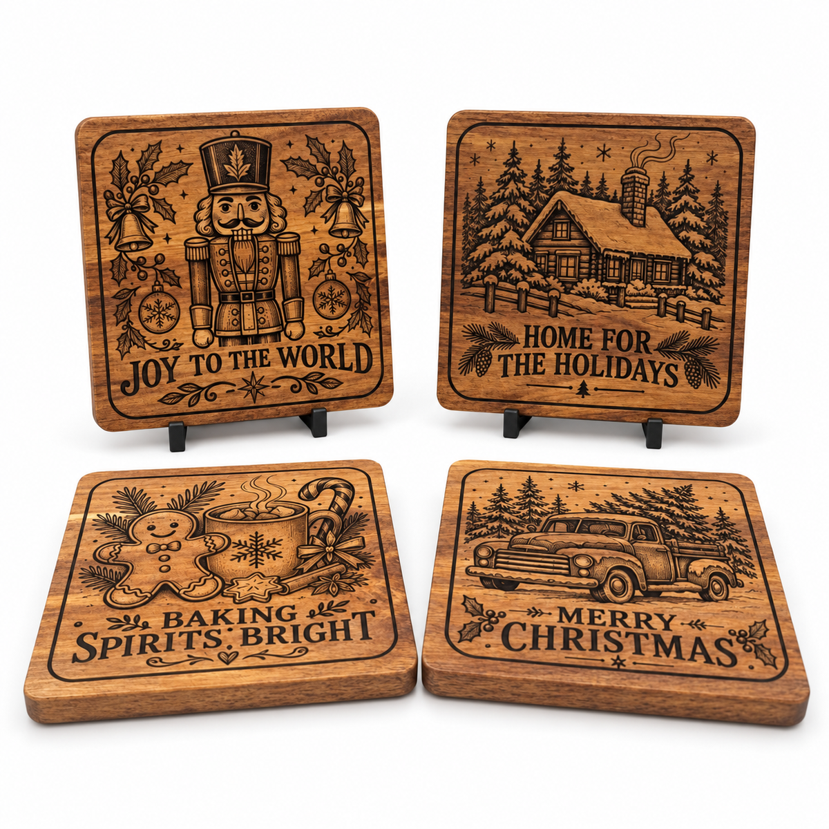 Four square Christmas acacia wood coasters with nutcracker, cabin, gingerbread and truck designs on white