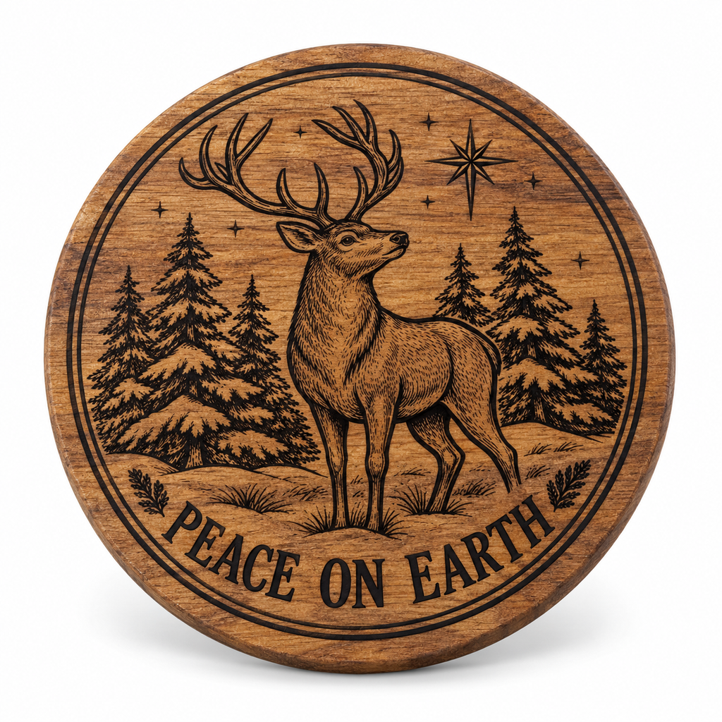 Deer PEACE ON EARTH engraved round acacia coaster
