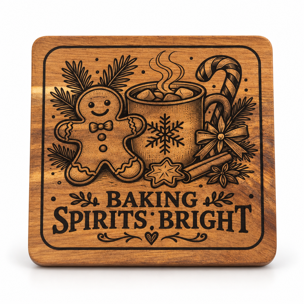 Gingerbread BAKING SPIRITS BRIGHT engraved square acacia coaster