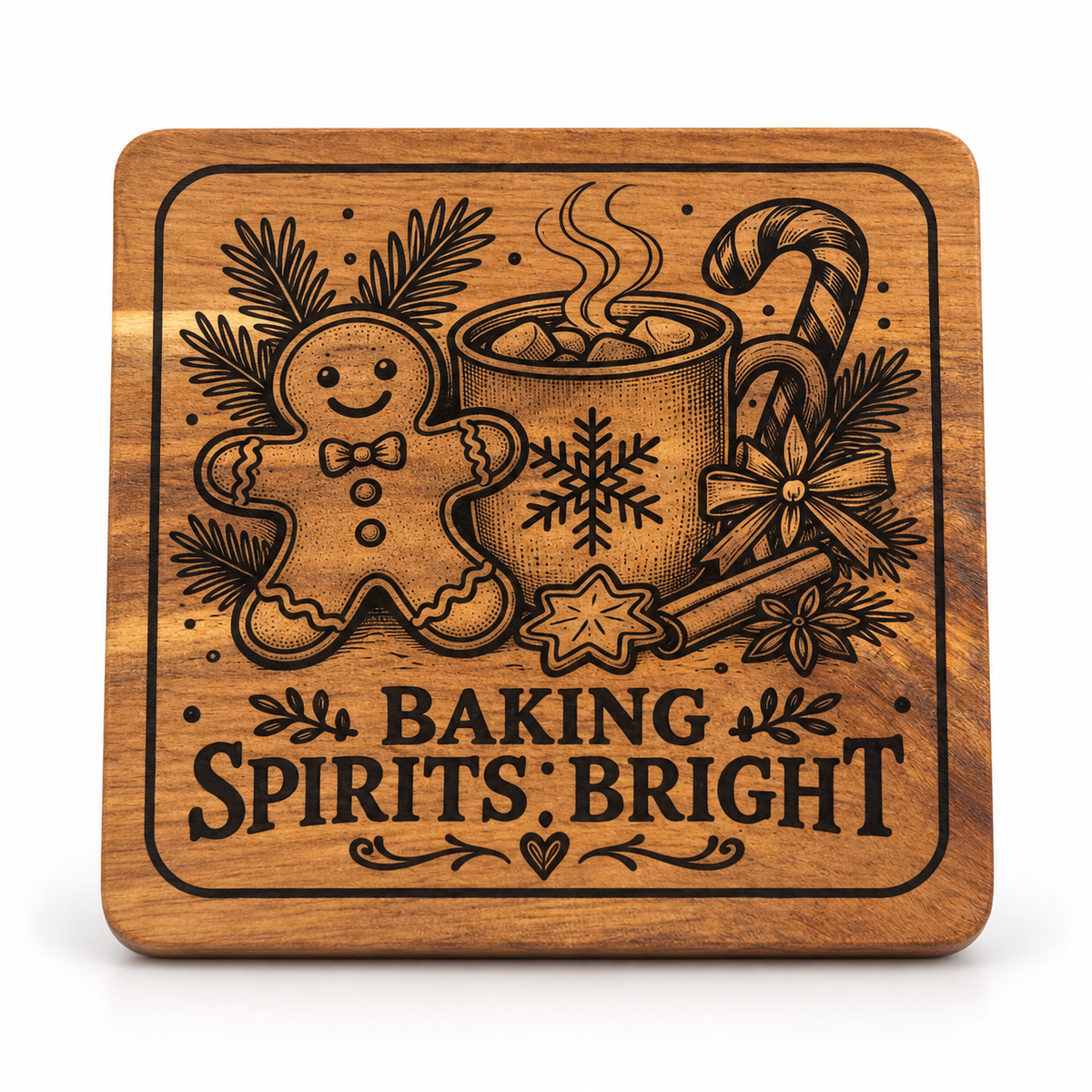 Gingerbread BAKING SPIRITS BRIGHT engraved square acacia coaster