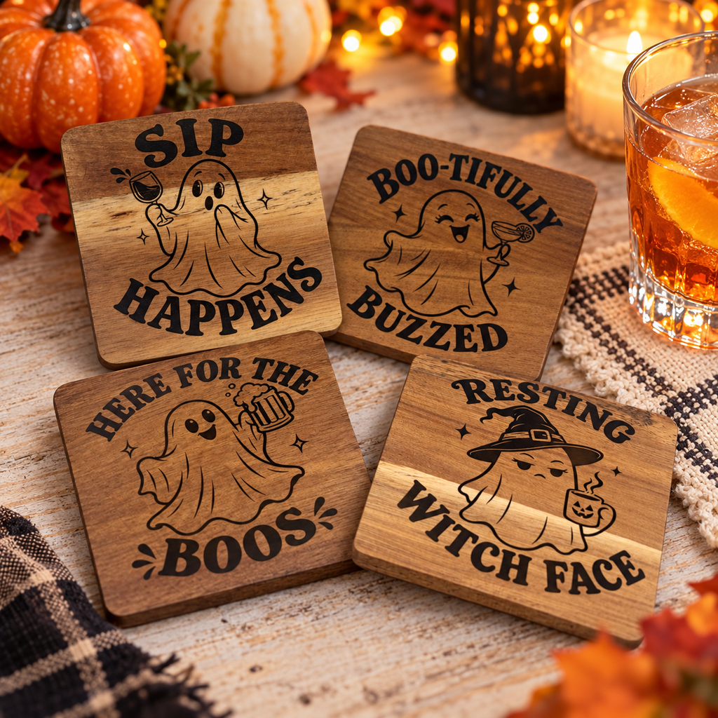 Halloween ghost acacia coaster set styled on a fall tabletop