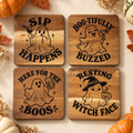 Styled photo of four engraved acacia Halloween ghost coasters