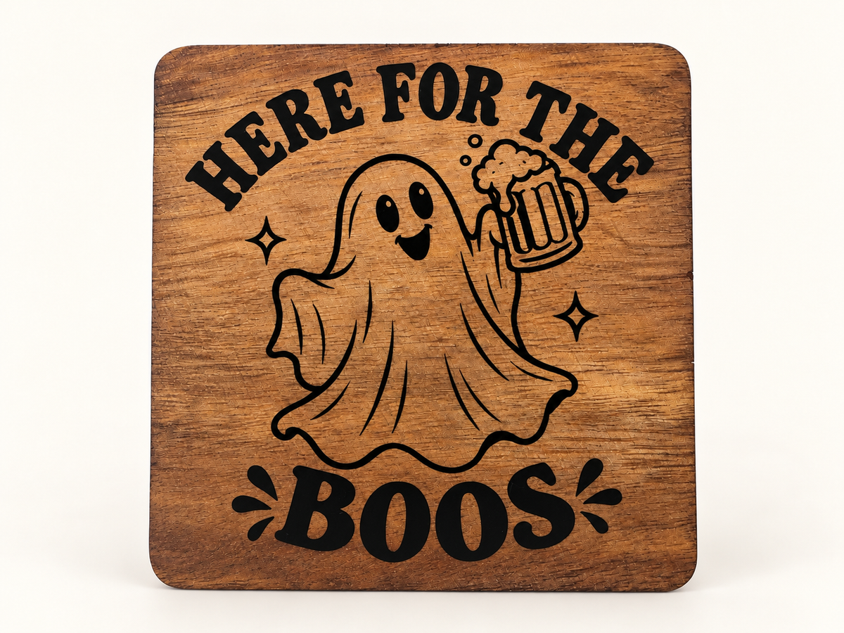Actual Here for the Boos engraved wood coaster, upright on a clean background