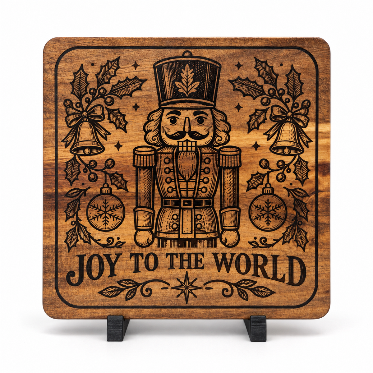 Nutcracker JOY TO THE WORLD engraved square acacia coaster