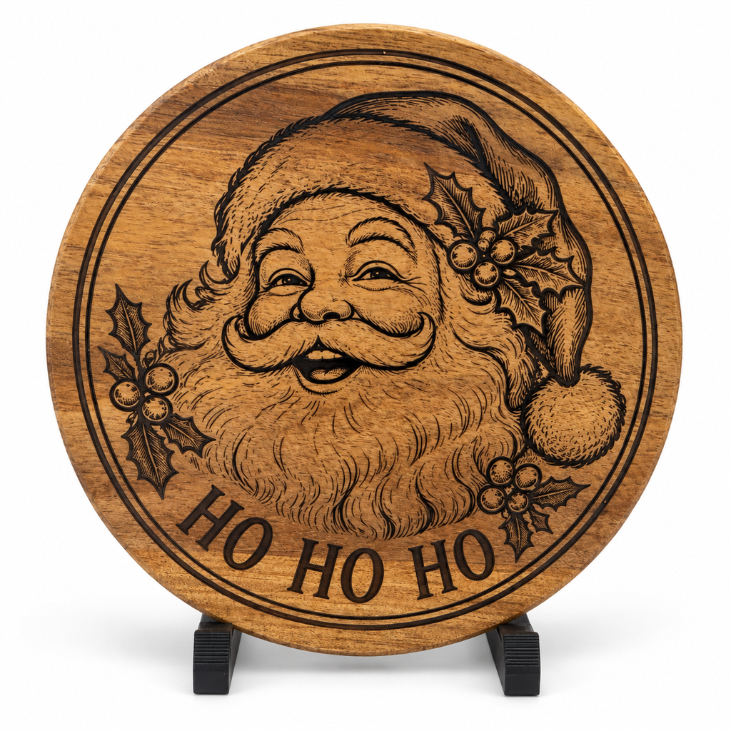 Santa HO HO HO engraved round acacia coaster