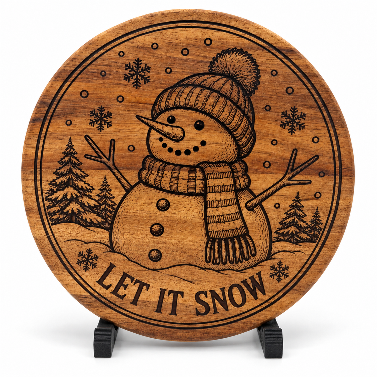 Snowman LET IT SNOW engraved round acacia coaster