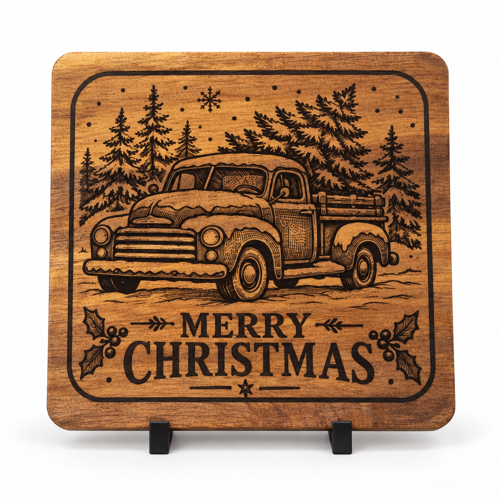 Truck MERRY CHRISTMAS engraved square acacia coaster
