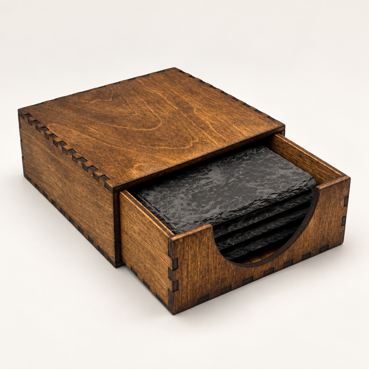 wood coaster box open; coasters sold separately